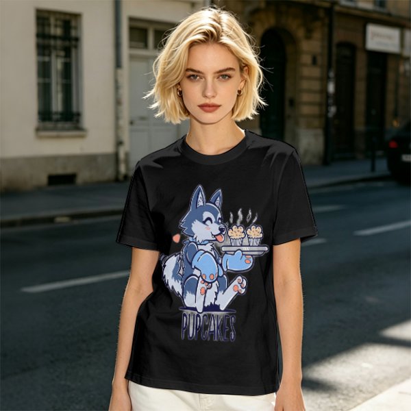 Olive green t-shirt with a husky holding pupcakes graphic