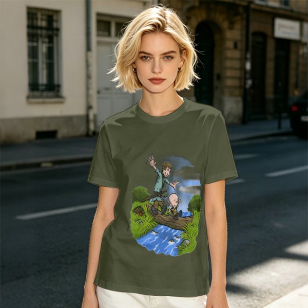 Olive T-shirt with Cartoon Boys Balancing on Log Over Stream