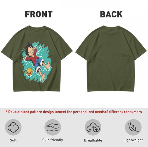 Olive anime t-shirt with Luffy relaxing in water print