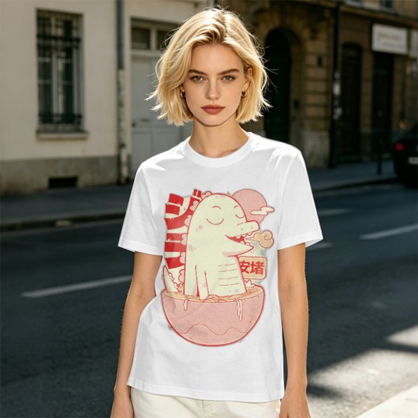 Olive t-shirt with a cartoon dinosaur in a ramen bowl graphic