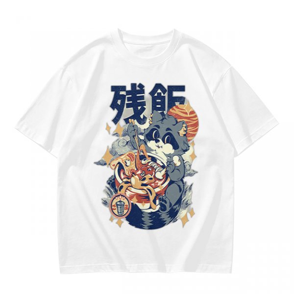 Olive green graphic t-shirt with raccoon eating ramen print