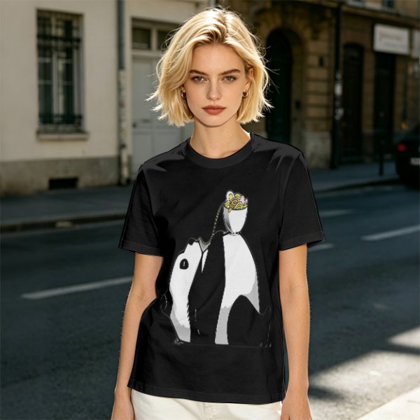 Olive T-Shirt With Panda Balancing Ramen Bowl Print