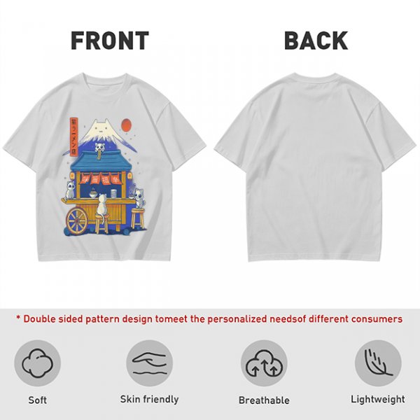 Olive t-shirt with cat ramen stall and Mount Fuji graphic