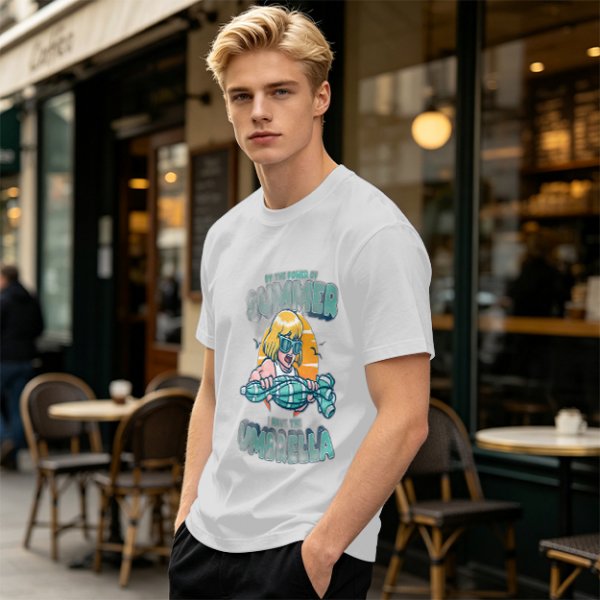 Olive Summer Umbrella Graphic T-Shirt with Retro Beach Illustration