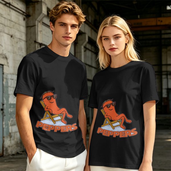 Olive T-shirt with Relaxed Cartoon Chili Pepper Wearing Sunglasses and Peppers Text