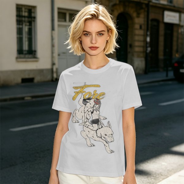 Olive graphic t-shirt with wolf rider and 'Fore' text print