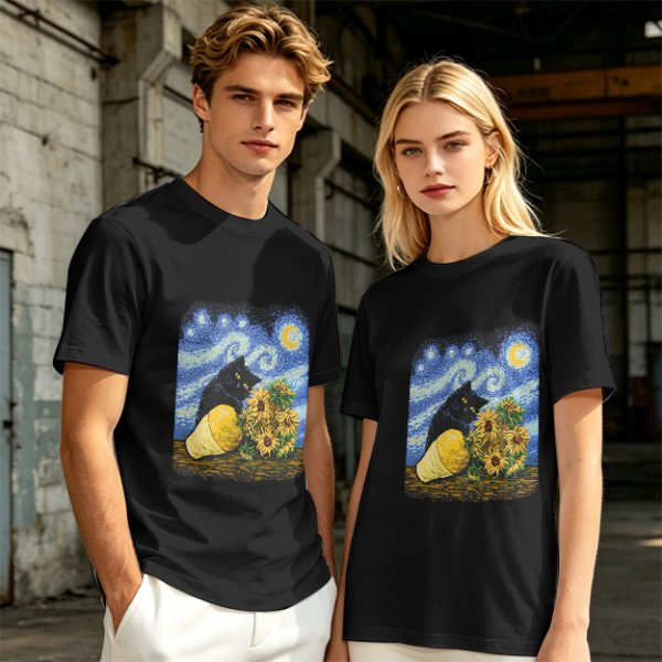 Olive T-Shirt with Starry Night Cat and Sunflowers Art Print