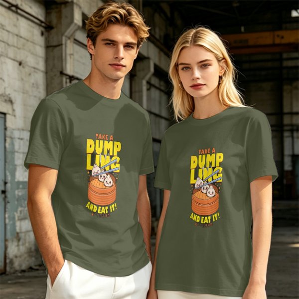 Olive green graphic t-shirt with dumpling pun and steamer illustration