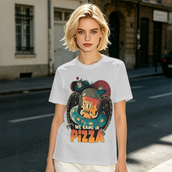 Olive t-shirt with space pizza alien graphic and 'We Came in Pizza' text