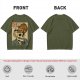 Olive t-shirt with a skull ramen bowl and a napping tabby cat print