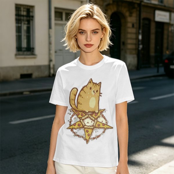 Olive T-Shirt With Cat Sitting On Pizza Pentagram Artwork