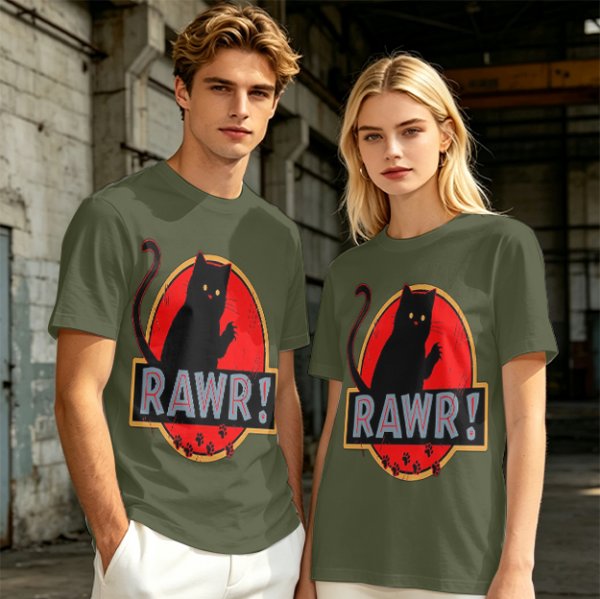 Olive T-Shirt With Black Cat Rawr Dinosaur Parody Graphic