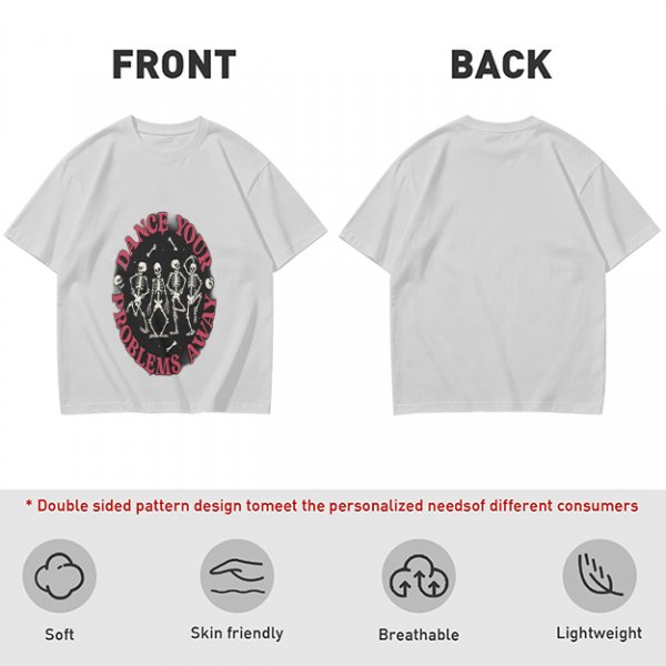 Olive T-shirt with Dancing Skeletons and 'Dance Your Problems Away' Text