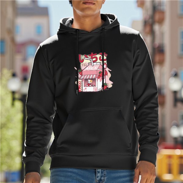 Black hoodie with cute strawberry milk carton cat graphic