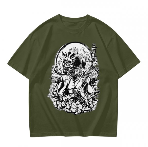 Oni Mask Samurai Floral Graphic Olive T-Shirt