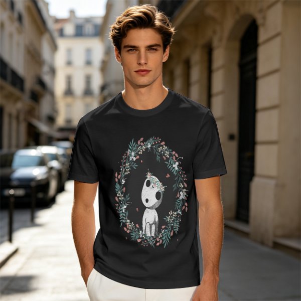 Olive T-Shirt with Kodama Forest Spirit Floral Wreath Print