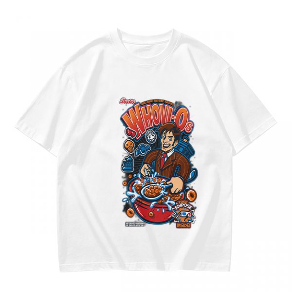 Olive green t-shirt with Doctor Who themed Whovio's cereal graphic