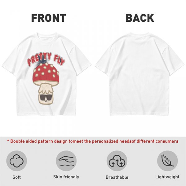 Olive green graphic t-shirt with 'Pretty Fly' and cool mushroom print