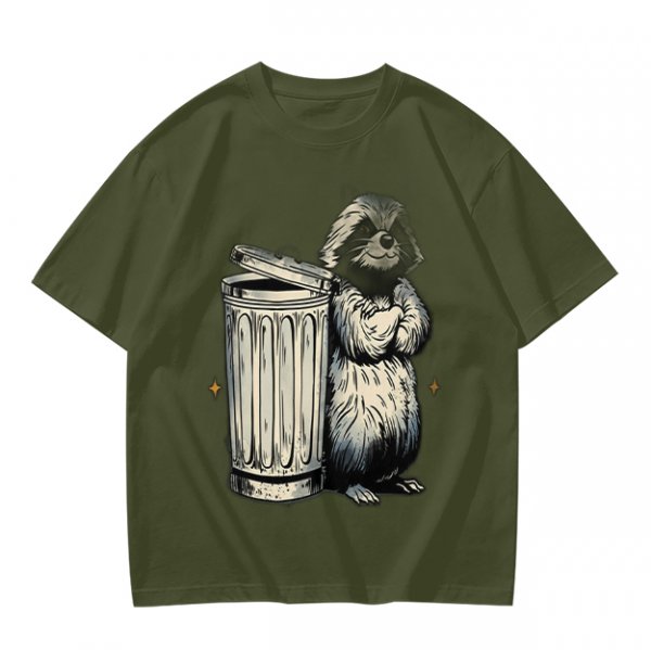 Olive Green T-Shirt With Raccoon Standing Next To Trash Can Graphic