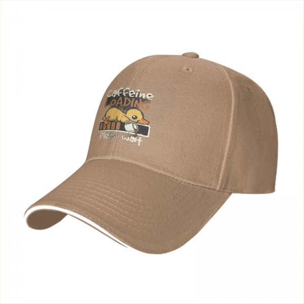 Black baseball cap with caffeine loading duck graphic