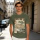 Olive green t-shirt with zen ramen bowl and bonsai tree print