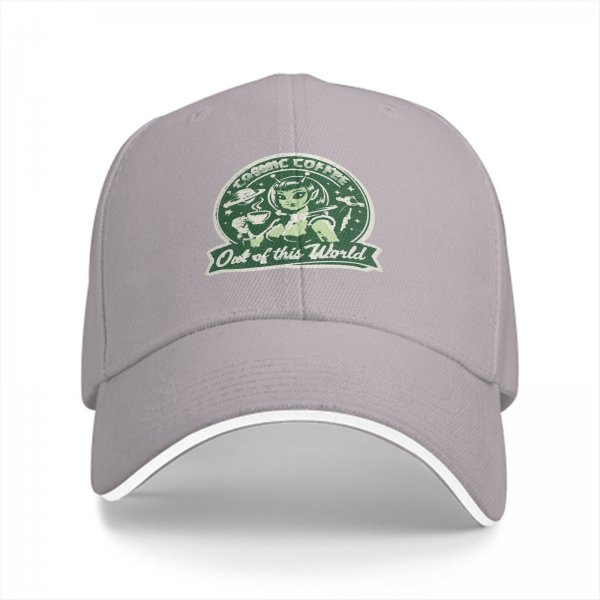 Black baseball cap with cosmic coffee alien girl graphic