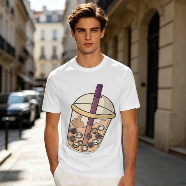 Olive T-Shirt With Halloween Themed Boba Tea Graphic