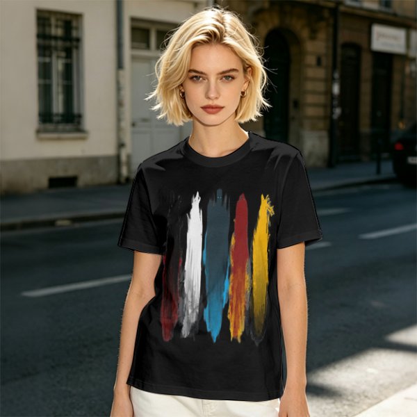 Olive Green T-Shirt With Vertical Colorful Brushstroke Figure Art
