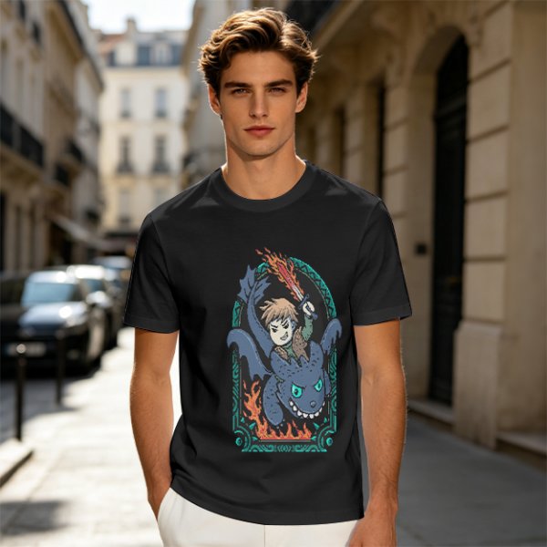 Olive T-shirt with How to Train Your Dragon Toothless and Hiccup Print