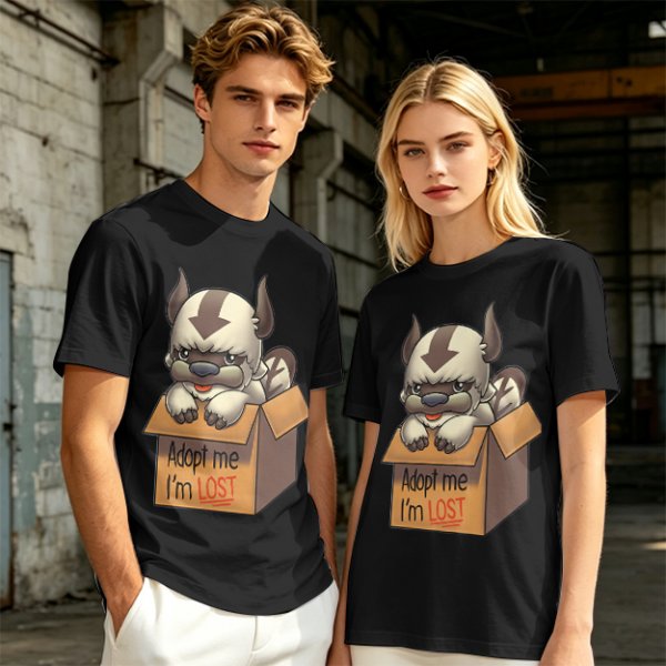 Olive t-shirt with Appa in a box that says Adopt me I'm Lost