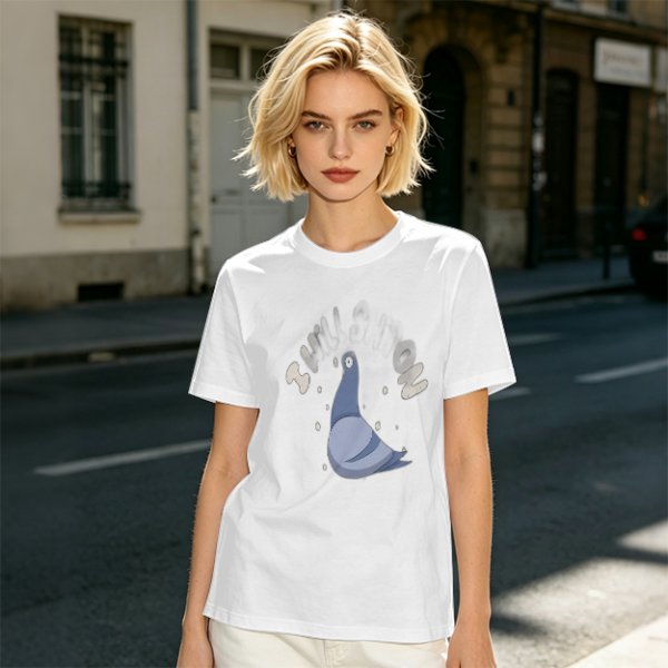 Olive green graphic t-shirt with cartoon pigeon print