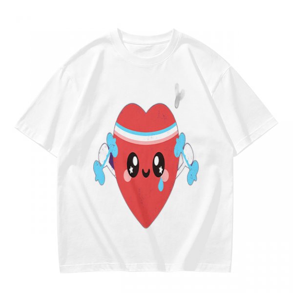Olive T-Shirt With Cute Cartoon Heart Lifting Dumbbells Print