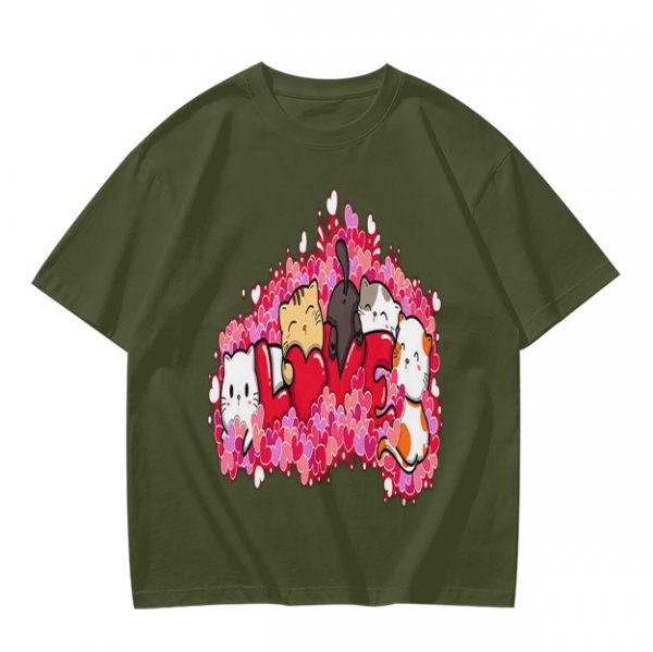 Olive green t-shirt with cute cats and love hearts graphic
