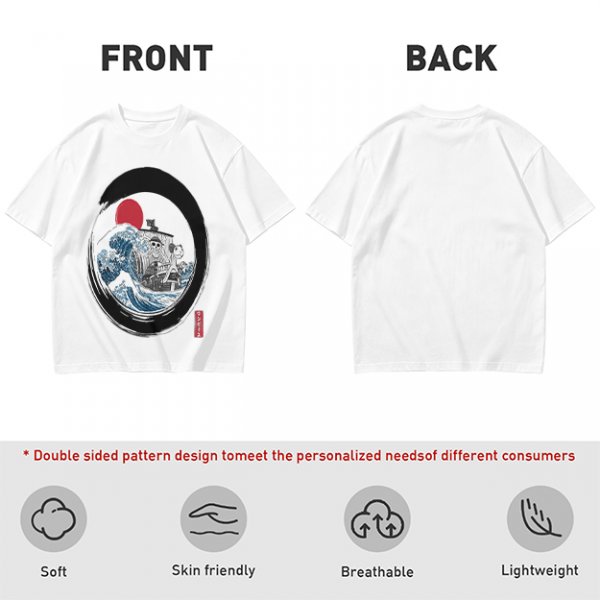 Olive T-shirt with Great Wave Enso Circle and Red Sun Print