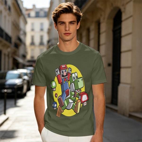 Olive T-shirt with Block Style Mario Riding Yoshi and Mushroom Graphics