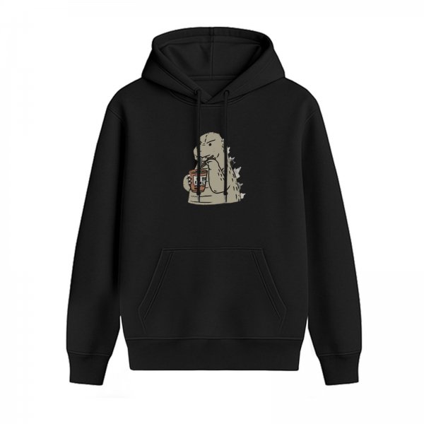 Black hoodie with cartoon dinosaur eating instant noodles graphic