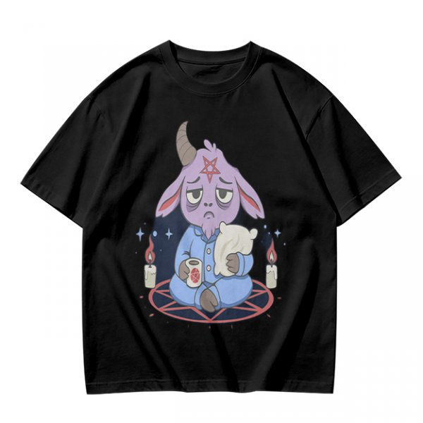 Oversized T-Shirt With Sleepy Baphomet Goat In Pajamas Print