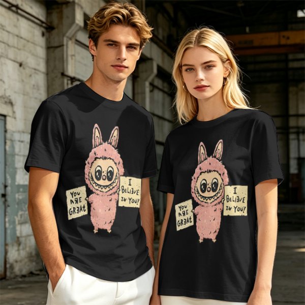 Olive T-shirt with a cute bunny monster holding You Are Great and I Believe In You signs