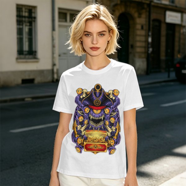Olive T-Shirt With Pirate Beholder Monster And Treasure Chest Art