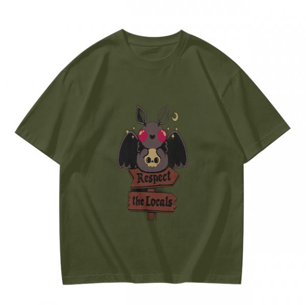 Olive Graphic T-Shirt with Cute Mothman Respect The Locals Print