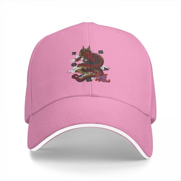 Black baseball cap with red dragon and cloud graphic design