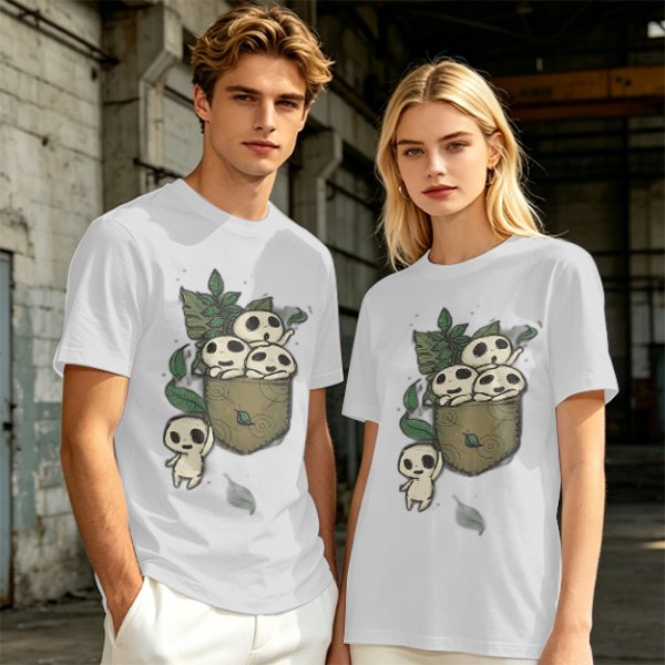 Olive T-shirt with Kodama Tree Spirits in Pocket and Leaves Print