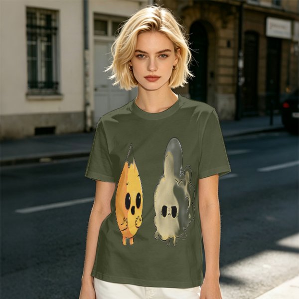 Olive T-Shirt With Surprised Flame and Burnt Ghost Character Art
