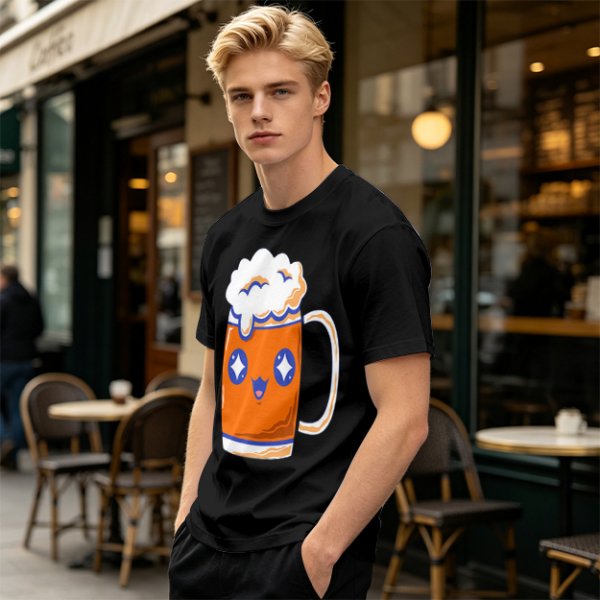Olive T-Shirt With Cute Kawaii Beer Mug Graphic