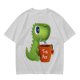 Olive green t-shirt with cute Tea Rex dinosaur holding a steaming tea mug