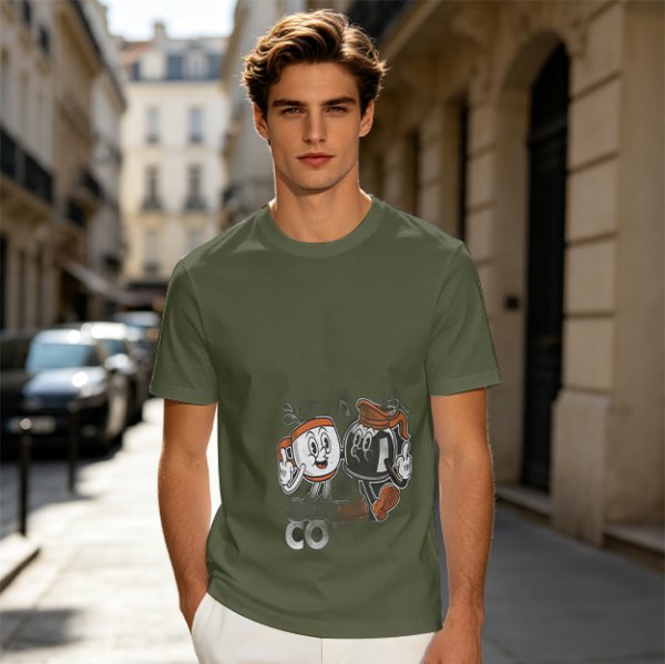 Olive T-Shirt with Retro Cartoon Coffee Cup Characters Graphic
