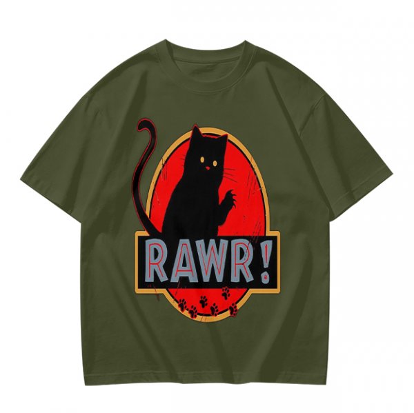 Olive T-Shirt With Black Cat Rawr Dinosaur Parody Graphic