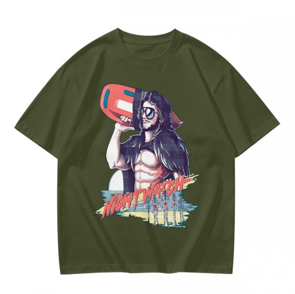 Olive Graphic T-Shirt with Muscular Figure Holding Red Device and Night Watch Text