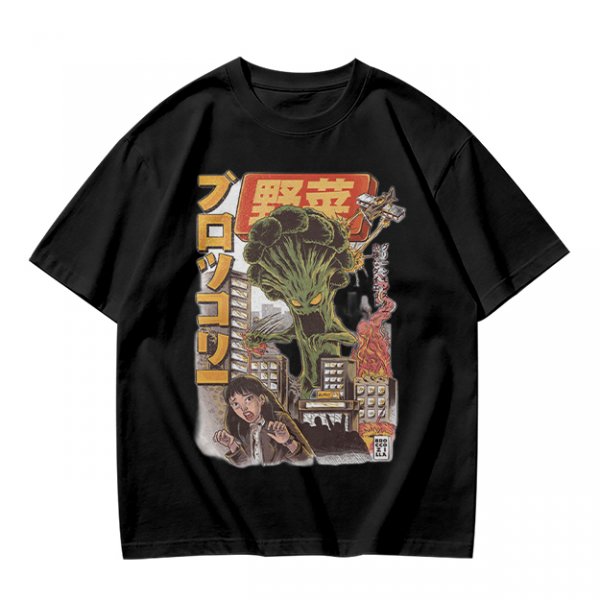 Olive T-shirt with Giant Broccoli Monster Attacking City Art