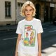 Olive graphic tee with Laser Cats retro comic print of kids holding laser cats
